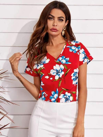 V-neck High-low Hem Floral Top - takostyle