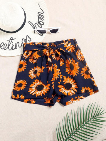 Allover Sunflower Tie Front Shorts - takostyle