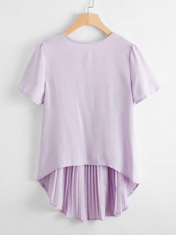 Solid Pleated High Low Hem Blouse - takostyle
