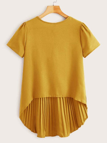 Pleated Keyhole Back High Low Blouse - takostyle