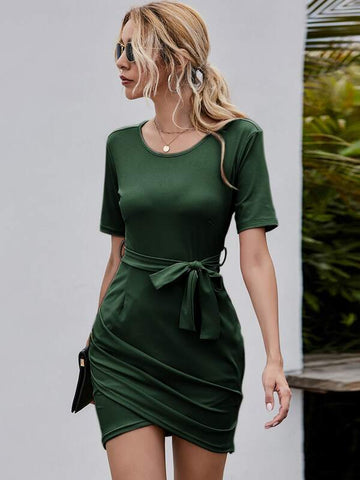 Draped Asymmetrical Hem Belted Fitted Dress