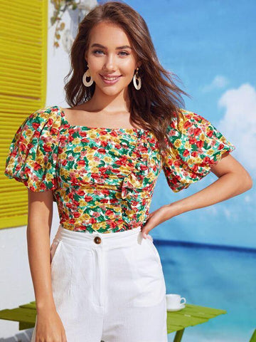 Allover Floral Print Ruffle Trim Tie Back Top - takostyle