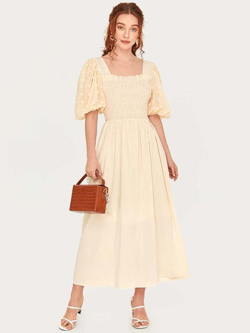 Square Neck Shirred Puff Sleeve Dress - takostyle