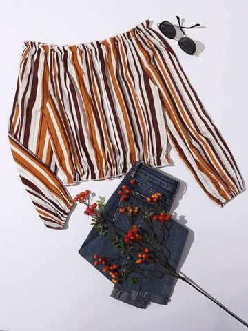 Vertical Striped Ruffle Trim Blouse - takostyle