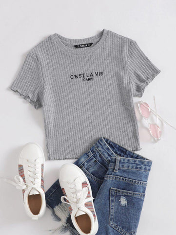 Slogan Embroidered Lettuce Edge Rib-knit Tee - takostyle