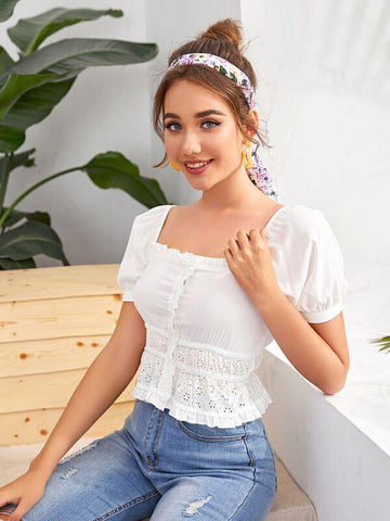 Eyelet Embroidery Frill Trim Milkmaid Blouse - takostyle