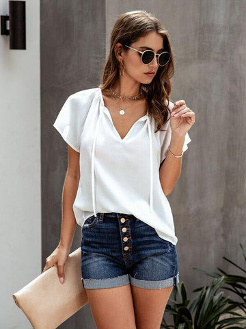 Tie Neck Raglan Sleeve Solid Blouse - takostyle