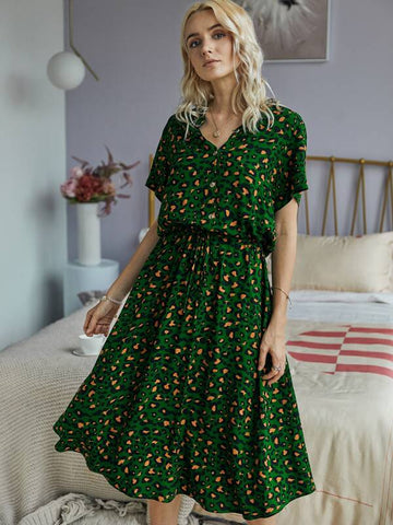 Leopard Print Button Front Drawstring Waist Dress