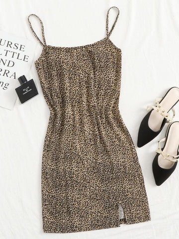 Split Hem Leopard Slip Dress - takostyle