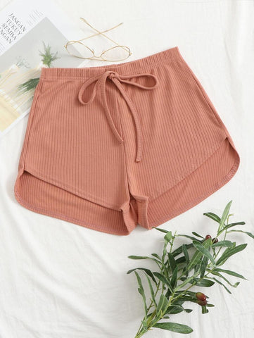 Tie Front Rib-knit Shorts - takostyle