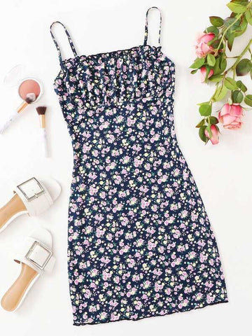 Frill Trim Ruched Bust Floral Slip Dress - takostyle