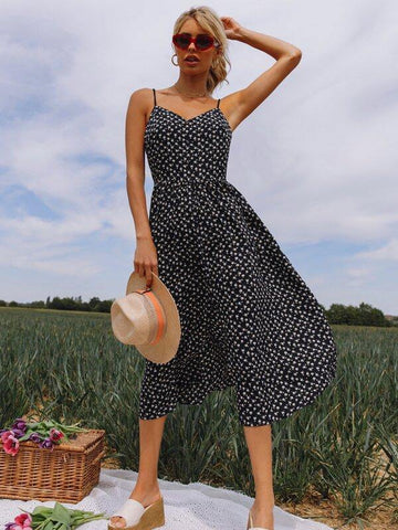 Cutout Tie Back Ditsy Floral Cami Dress - takostyle