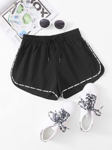 Letter Tape Drawstring Waist Dolphin Shorts - takostyle
