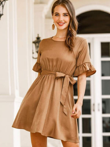 Solid Flounce Sleeve Belted Dress