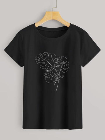 Leaf Print Round Neck Tee - takostyle