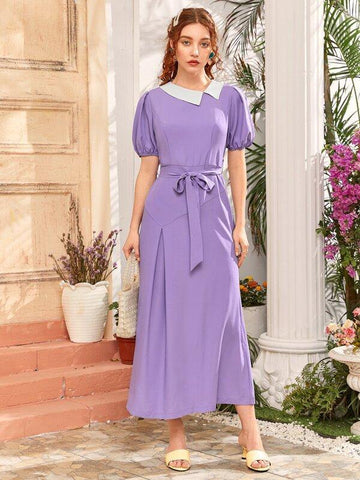 Contrast Collar Puff Sleeve Belted A-line Dress - takostyle