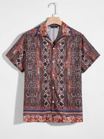 Men Notched Collar Snakeskin and Tribal Print Shirt