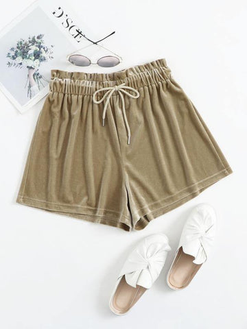 Drawstring Paperbag Waist Velvet Shorts - takostyle