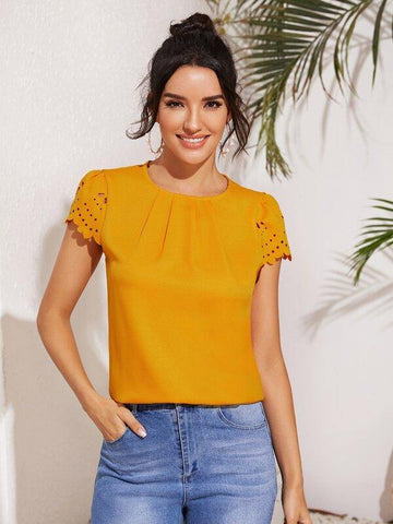 Fold Pleated Front Scallop Edge Laser Cut Sleeve Top - takostyle