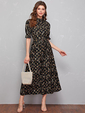 Frill Neck Self Belted Gold Dot and Ditsy Floral Dress - takostyle