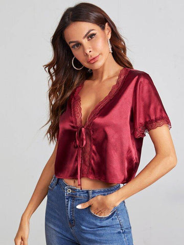 Knot Front Lace Trim Satin Top - takostyle