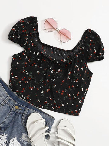 Ditsy Floral Tie Front Crop Top - takostyle