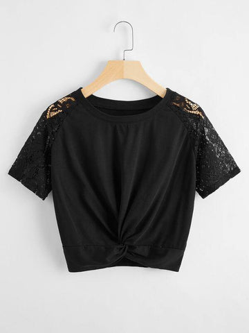 Contrast Lace Sleeve Twist Hem Tee - takostyle
