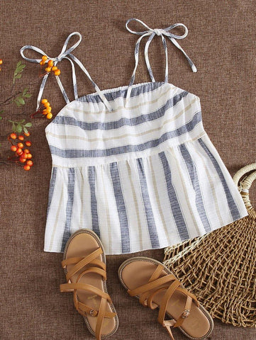 Knot Shoulder Shirred Back Striped Babydoll Cami Top - takostyle