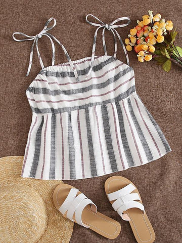Knot Shoulder Shirred Back Striped Babydoll Cami Top - takostyle
