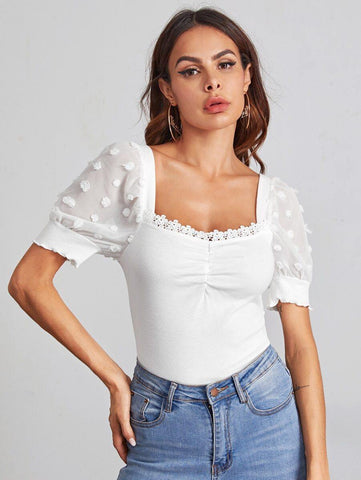 Swiss Dot Sleeve Guipure Lace Panel Ruched Rib-knit Top - takostyle