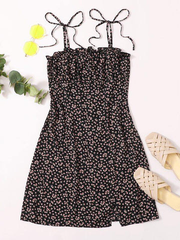 Ditsy Floral Tie Shoulder Split Hem Dress - takostyle