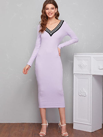 Striped V-Neck Rib-knit Fitted Dress