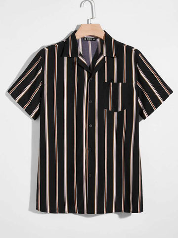 Men Pocket Patched Striped Shirt