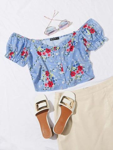 Puff Sleeve Button Front Floral Crop Top - takostyle