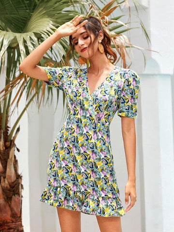 Allover Print Surplice Ruffle Hem Dress - takostyle