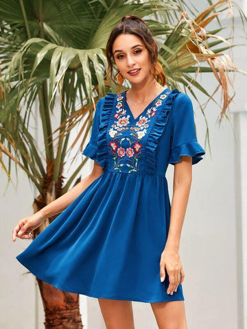 Floral Embroidery Frill Trim A-line Dress - takostyle