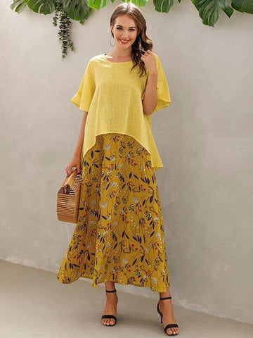 Floral &amp; Plants Print Combo Dress - takostyle