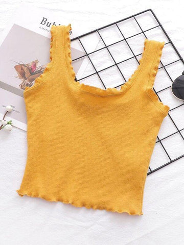 Rib-Knit Lettuce Trim Tank Top - takostyle