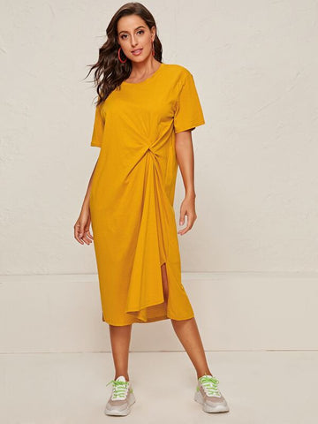 Twist Front Slit Hem Tee Dress