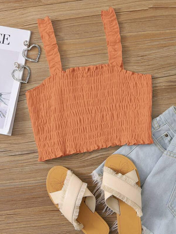 Neon Orange Shirred Frill Trim Top - takostyle
