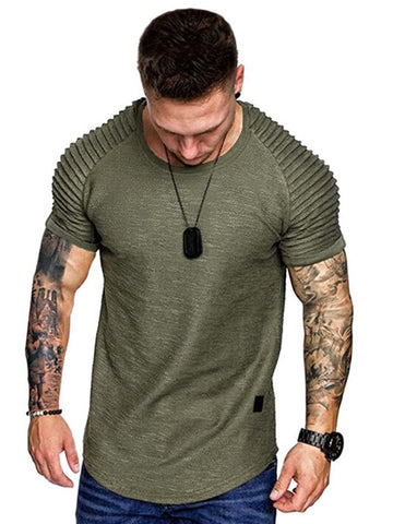 Men Curved Hem Ruched Sleeve Tee