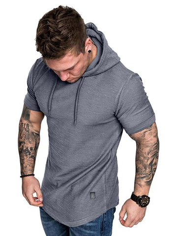 Men Solid Drawstring Hooded Tee