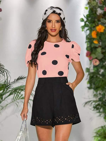 Keyhole Back Puff Sleeve Polka Dot Top - takostyle