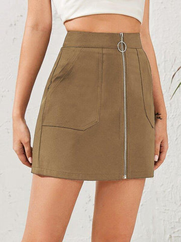 Solid O-ring Zip Up Skirt - takostyle