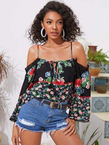 Tassel Tie Neck Guipure Lace Trim Cold Shoulder Top - takostyle