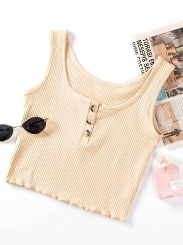 Button Front Rib-Knit Lettuce Trim Tank Top - takostyle