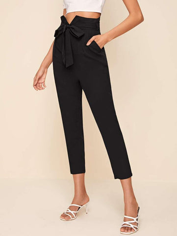 Notch Waist Slant Pocket Self Belted Pants - takostyle
