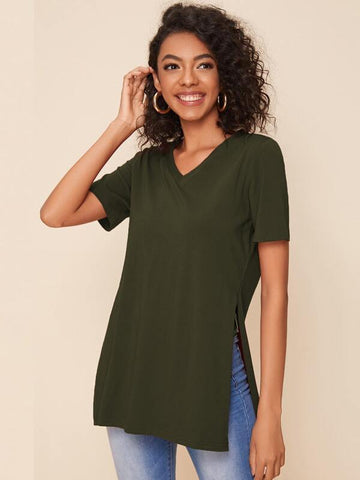 V-neck Split Side Solid Tee - takostyle
