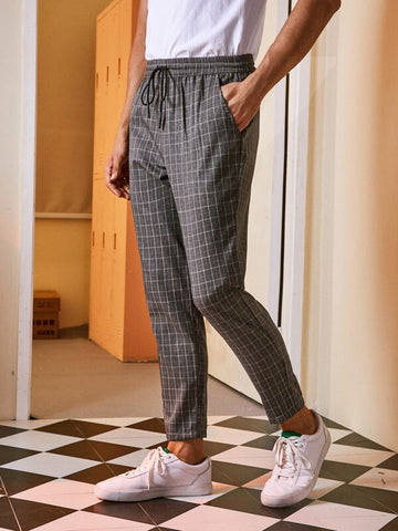 Men Plaid Drawstring Waist Straight Pants