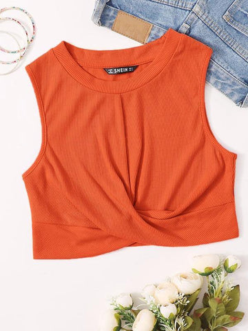 Twist Hem Rib-knit Crop Top - takostyle